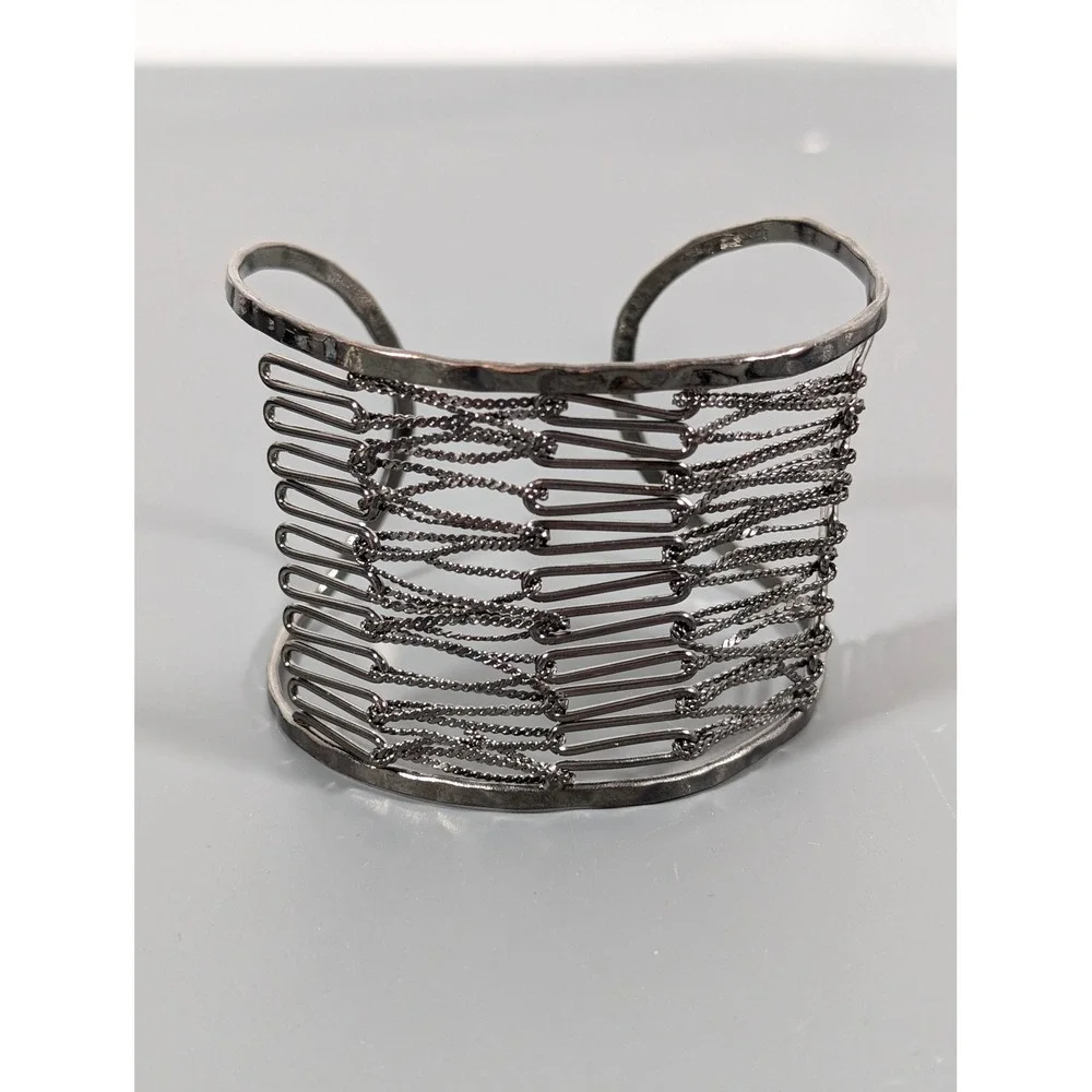 Gunmetal Gray Open Metal Work Wide Cuff Bracelet Statement Bracelet‎ 7